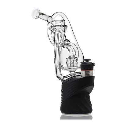 Klein Drop Bottle Glass Attachment with Encased Opal for Puffco Peak OG & Pro by Calibear Glass, displayed on Peak device and standalone, showcasing recycler design and iridescent opal inlay