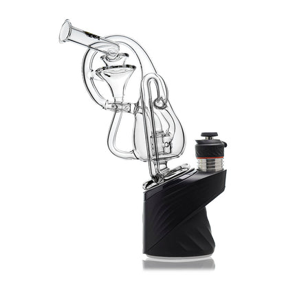 Klein Drop Bottle Glass Attachment with Encased Opal for Puffco Peak OG & Pro by Calibear Glass, displayed on Peak device and standalone, showcasing recycler design and iridescent opal inlay