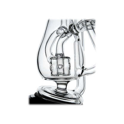 Klein Drop Bottle Glass Attachment with Encased Opal for Puffco Peak OG & Pro by Calibear Glass, displayed on Peak device and standalone, showcasing recycler design and iridescent opal inlay