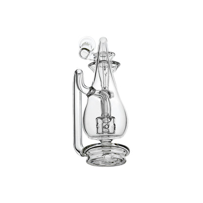 Klein Drop Bottle Glass Attachment with Encased Opal for Puffco Peak OG & Pro by Calibear Glass, displayed on Peak device and standalone, showcasing recycler design and iridescent opal inlay