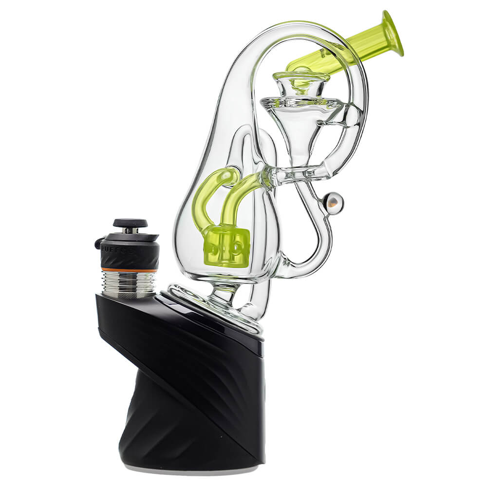 Klein Drop Bottle Glass Attachment with Encased Opal for Puffco Peak OG & Pro by Calibear Glass, displayed on Peak device and standalone, showcasing recycler design and iridescent opal inlay