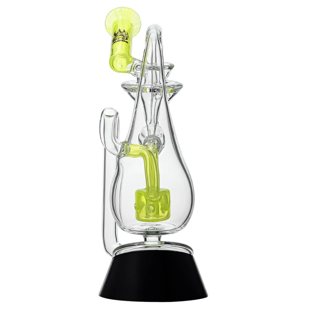 Klein Drop Bottle Glass Attachment with Encased Opal for Puffco Peak OG & Pro by Calibear Glass, displayed on Peak device and standalone, showcasing recycler design and iridescent opal inlay