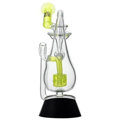 Klein Drop Bottle Glass Attachment with Encased Opal for Puffco Peak OG & Pro by Calibear Glass, displayed on Peak device and standalone, showcasing recycler design and iridescent opal inlay
