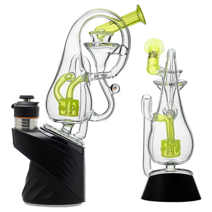 Klein Drop Bottle Glass Attachment with Encased Opal for Puffco Peak OG & Pro by Calibear Glass, displayed on Peak device and standalone, showcasing recycler design and iridescent opal inlay