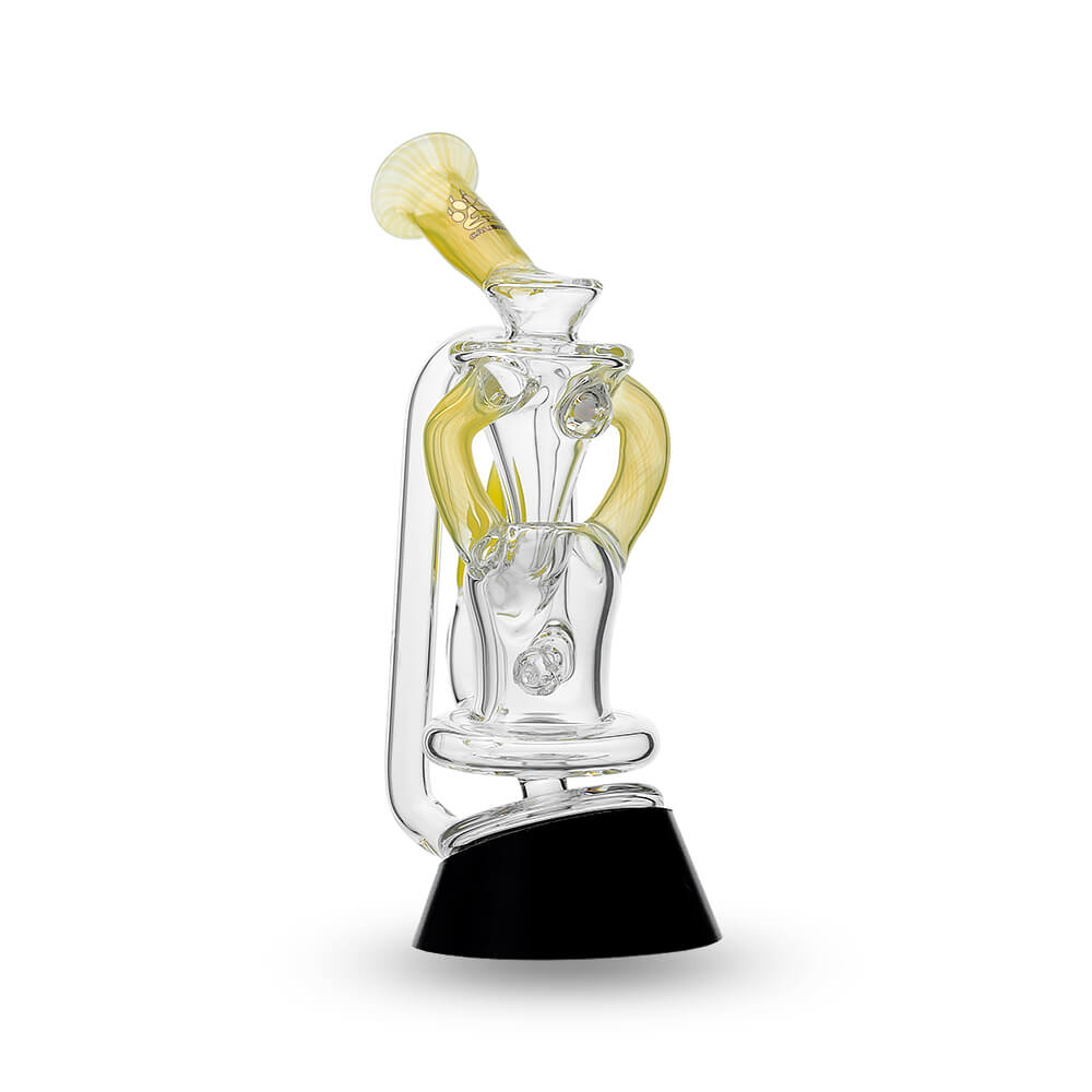 Multi-color recycler glass attachment for Puffco Peak OG & Pro by Calibear Glass, shown in yellow, green, teal, red, and amber, attached to a black Peak device.