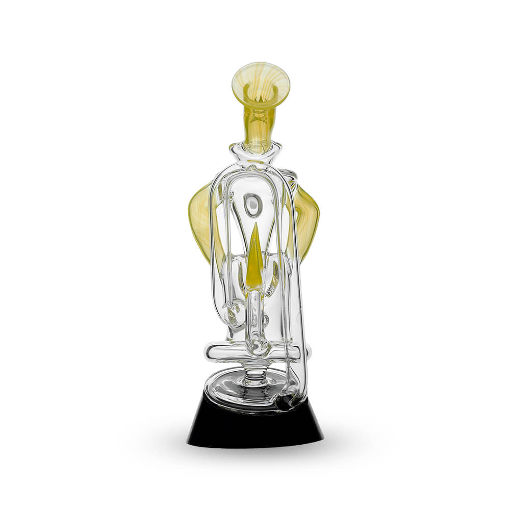 Multi-color recycler glass attachment for Puffco Peak OG & Pro by Calibear Glass, shown in yellow, green, teal, red, and amber, attached to a black Peak device.