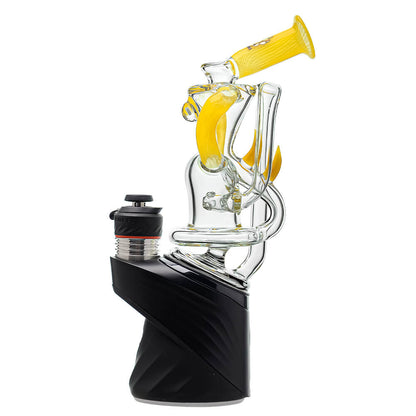 Multi-color recycler glass attachment for Puffco Peak OG & Pro by Calibear Glass, shown in yellow, green, teal, red, and amber, attached to a black Peak device.