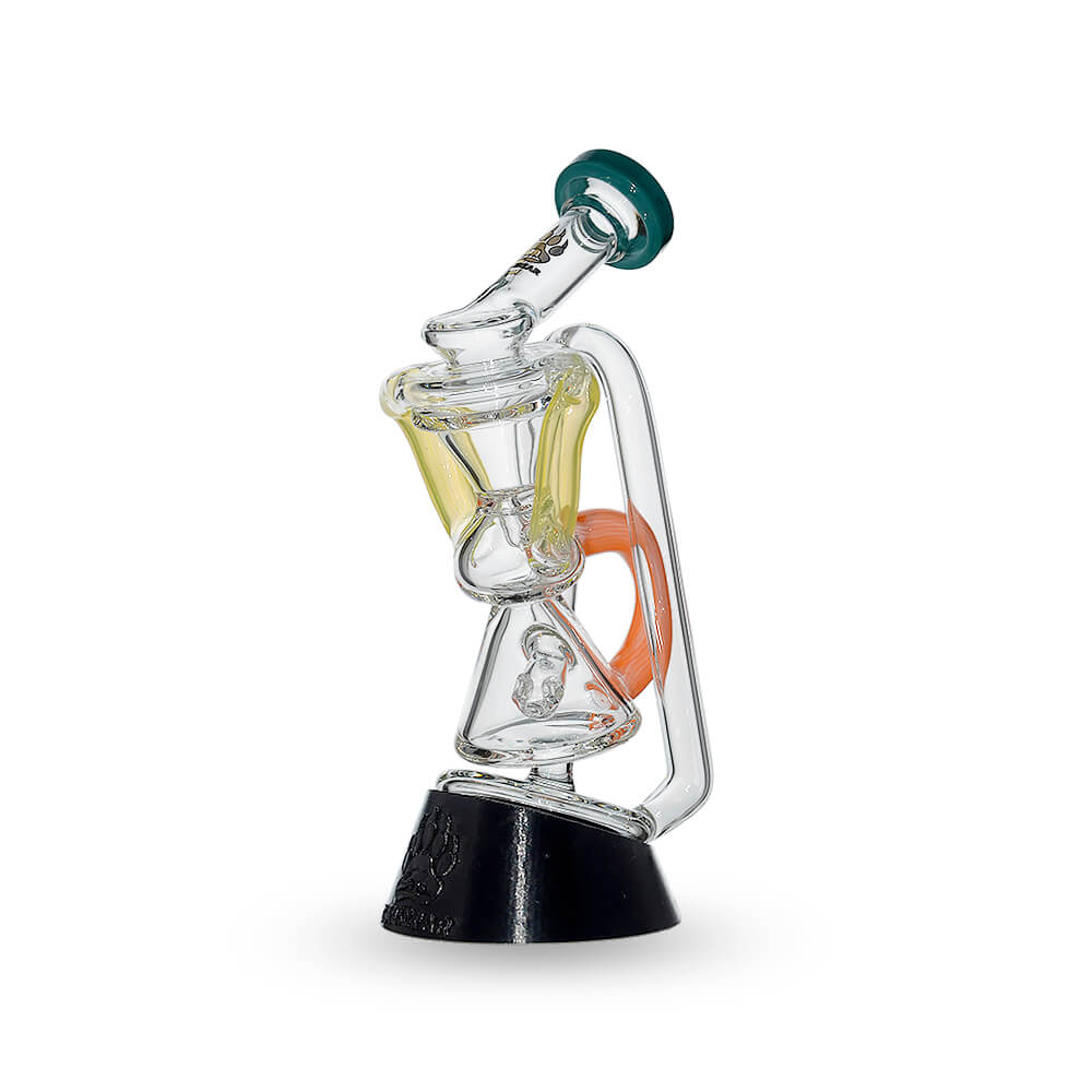Multi-tube recycler glass attachments for Puffco Peak OG and Pro in clear glass with vibrant external recycling tubes and matching rimmed mouthpieces.