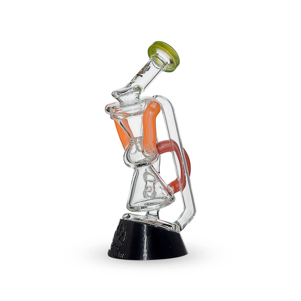 Multi-tube recycler glass attachments for Puffco Peak OG and Pro in clear glass with vibrant external recycling tubes and matching rimmed mouthpieces.