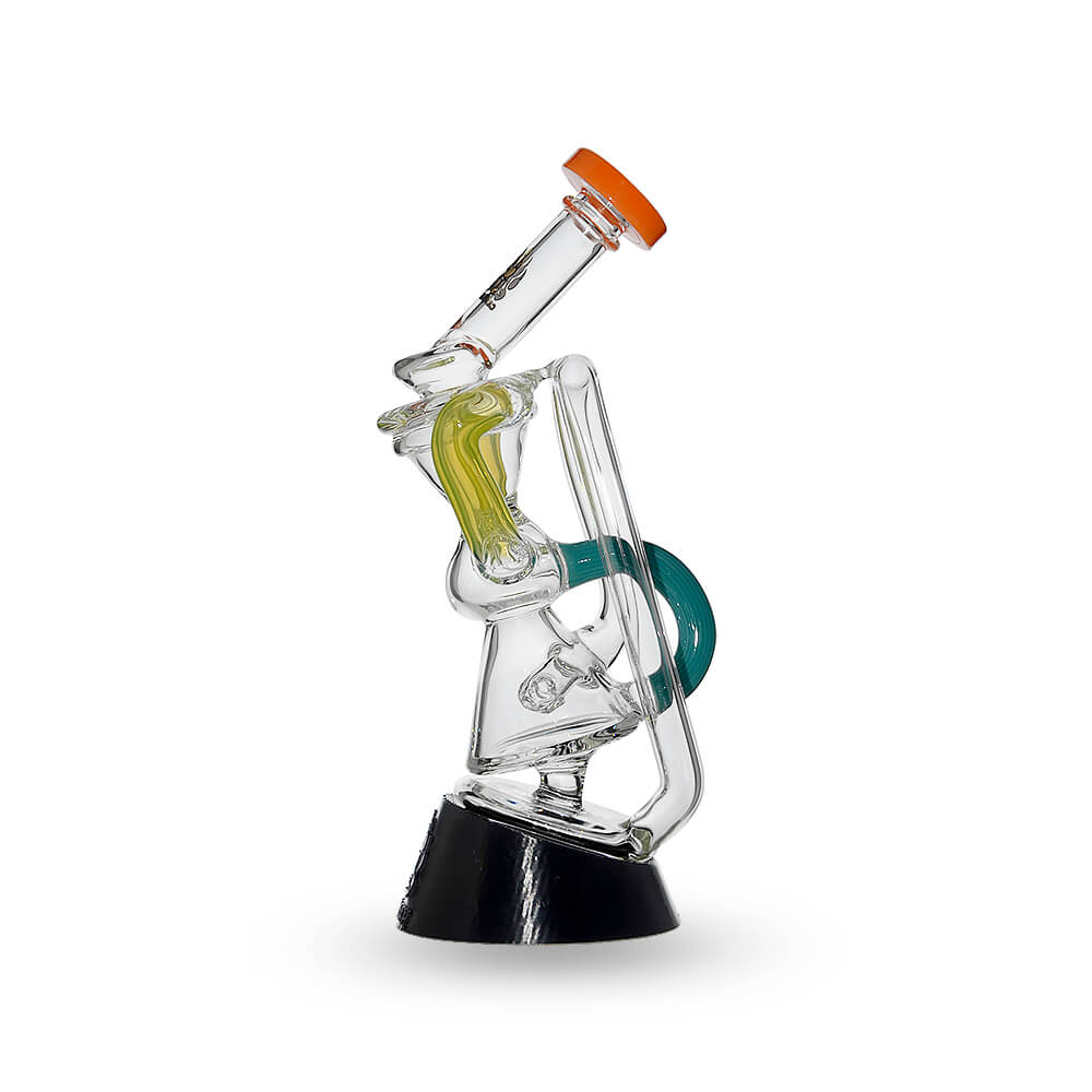 Multi-tube recycler glass attachments for Puffco Peak OG and Pro in clear glass with vibrant external recycling tubes and matching rimmed mouthpieces.