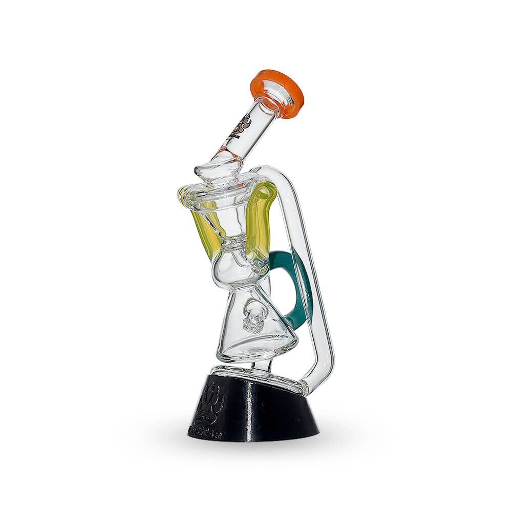 Multi-tube recycler glass attachments for Puffco Peak OG and Pro in clear glass with vibrant external recycling tubes and matching rimmed mouthpieces.