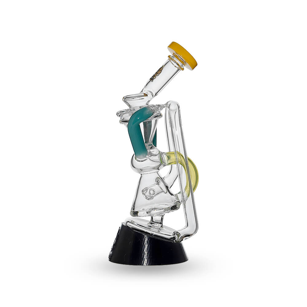 Multi-tube recycler glass attachments for Puffco Peak OG and Pro in clear glass with vibrant external recycling tubes and matching rimmed mouthpieces.