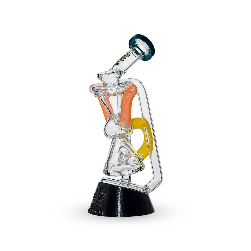 Multi-tube recycler glass attachments for Puffco Peak OG and Pro in clear glass with vibrant external recycling tubes and matching rimmed mouthpieces.