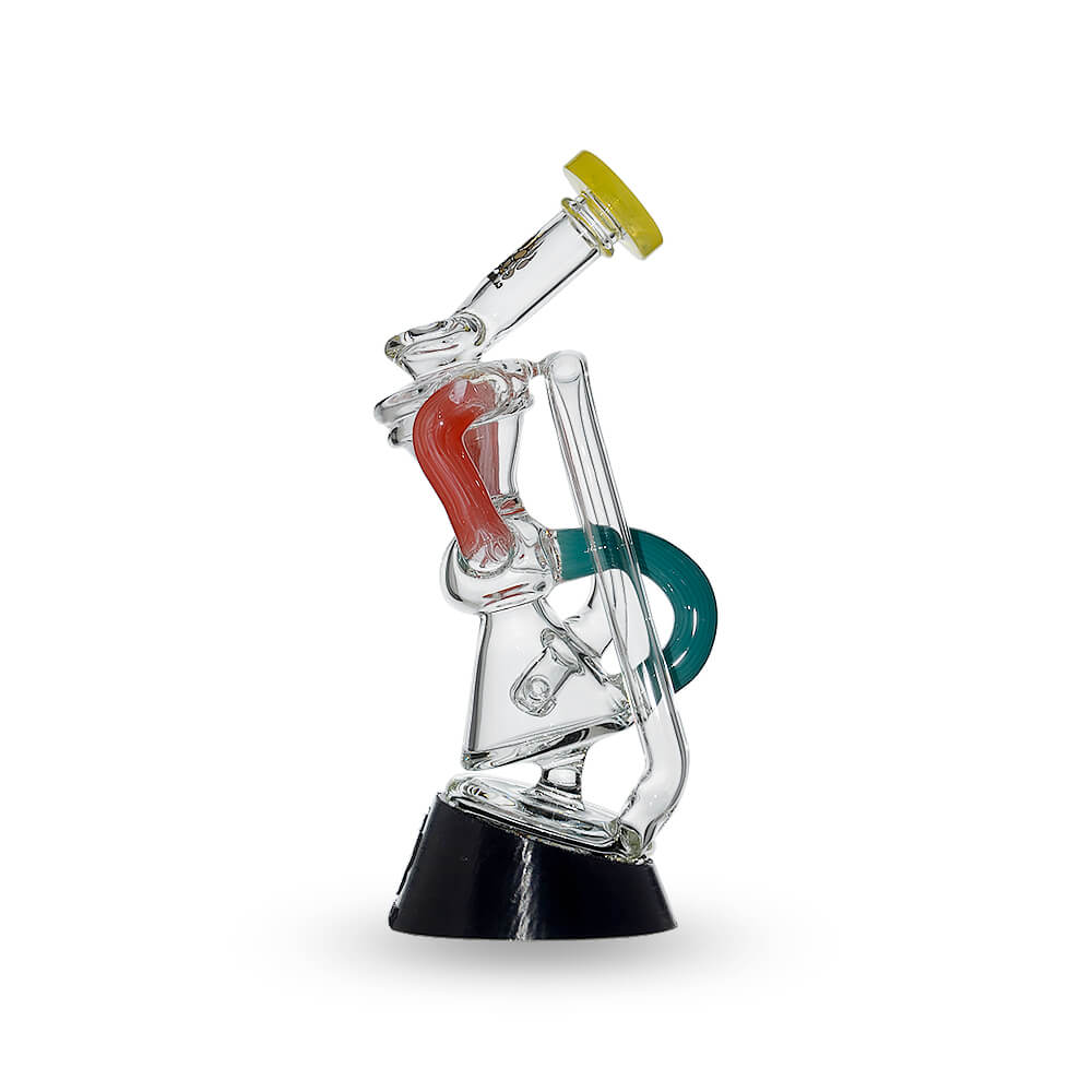 Multi-tube recycler glass attachments for Puffco Peak OG and Pro in clear glass with vibrant external recycling tubes and matching rimmed mouthpieces.
