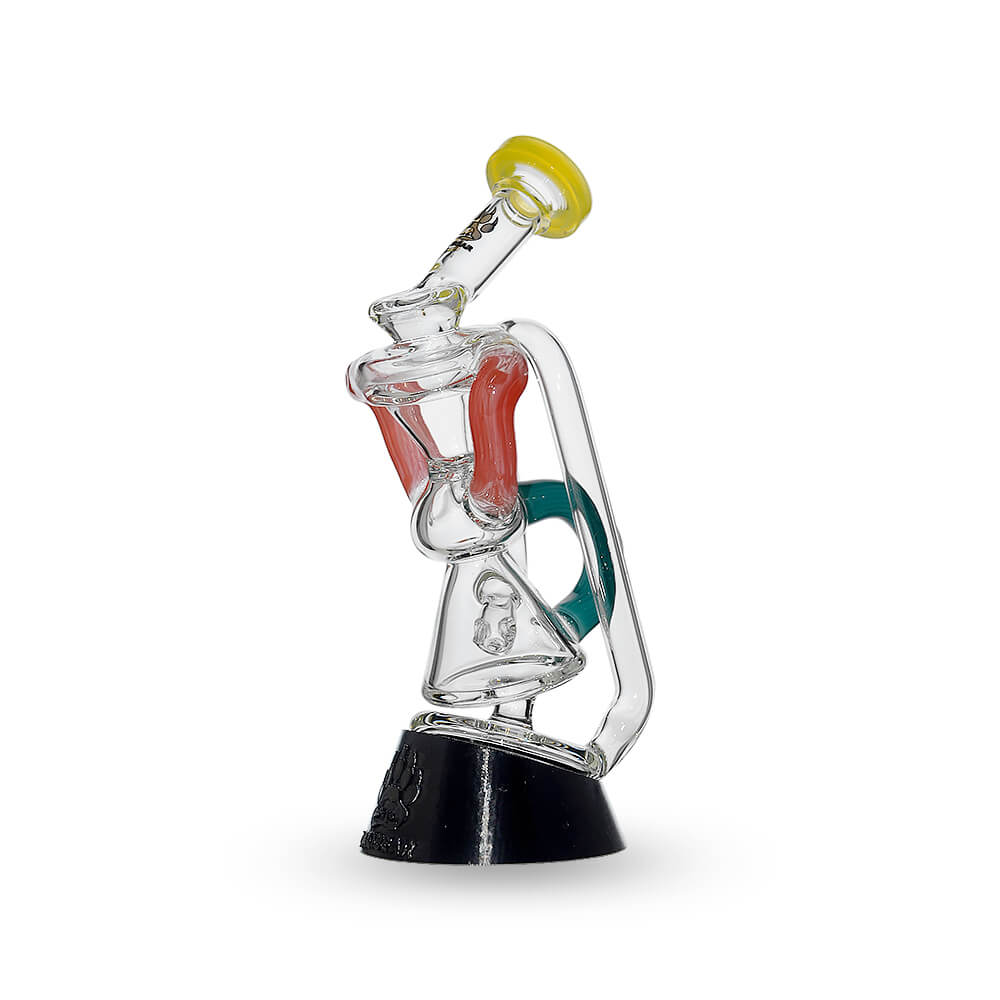Multi-tube recycler glass attachments for Puffco Peak OG and Pro in clear glass with vibrant external recycling tubes and matching rimmed mouthpieces.