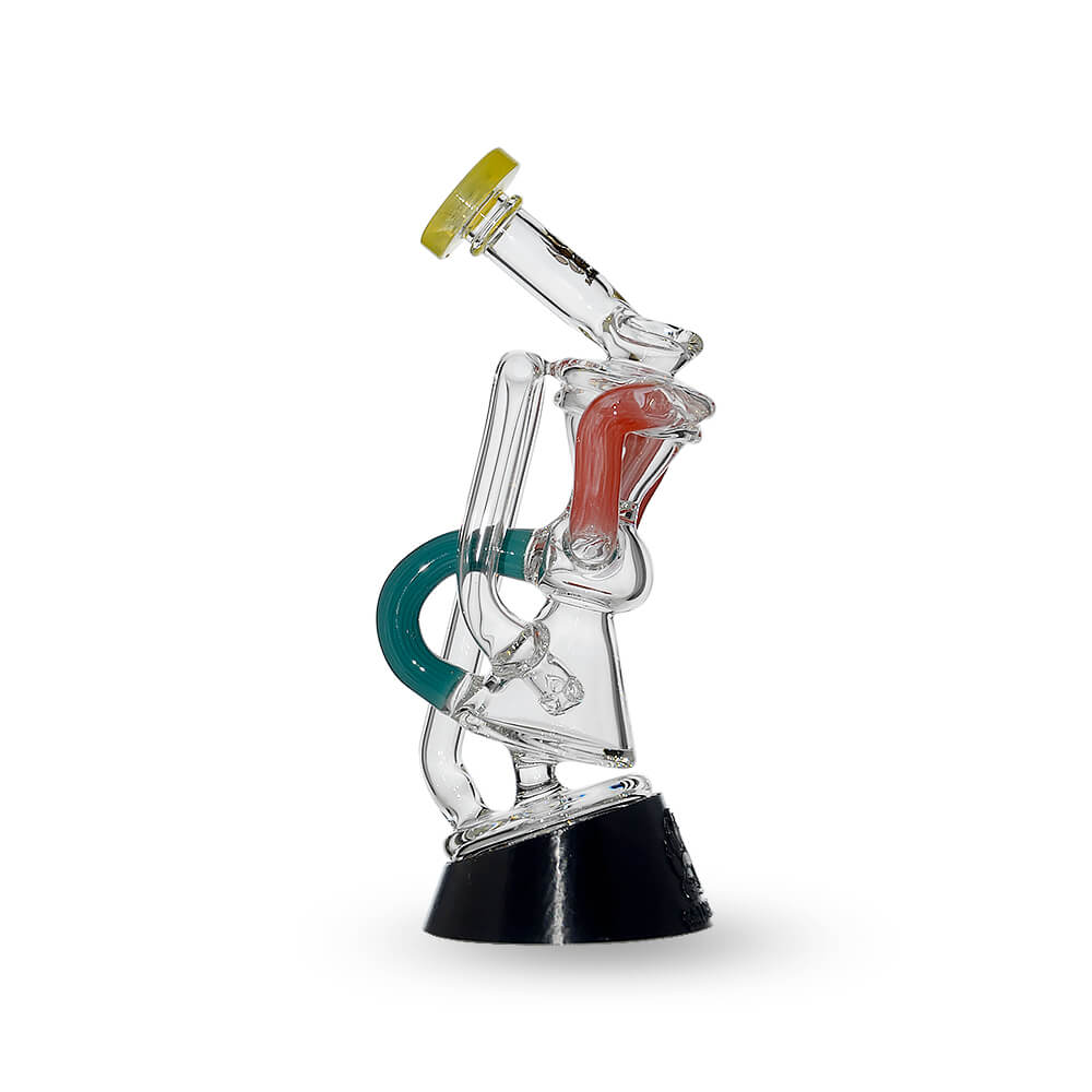 Multi-tube recycler glass attachments for Puffco Peak OG and Pro in clear glass with vibrant external recycling tubes and matching rimmed mouthpieces.