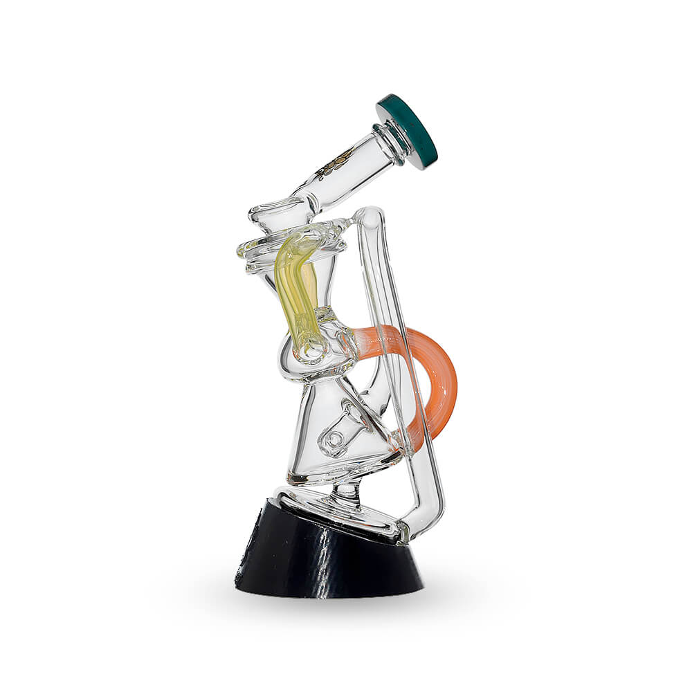 Multi-tube recycler glass attachments for Puffco Peak OG and Pro in clear glass with vibrant external recycling tubes and matching rimmed mouthpieces.