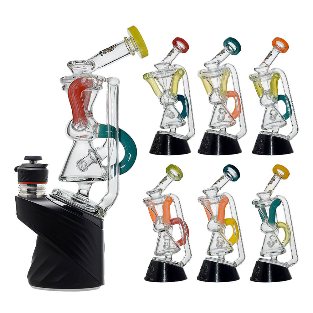 Multi-tube recycler glass attachments for Puffco Peak OG and Pro in clear glass with vibrant external recycling tubes and matching rimmed mouthpieces.