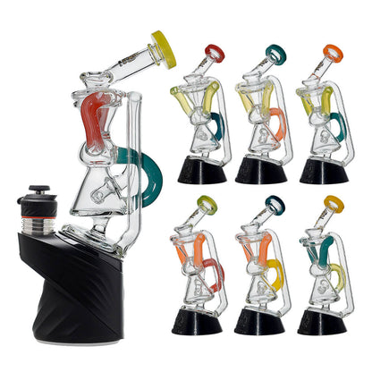 Multi-tube recycler glass attachments for Puffco Peak OG and Pro in clear glass with vibrant external recycling tubes and matching rimmed mouthpieces.