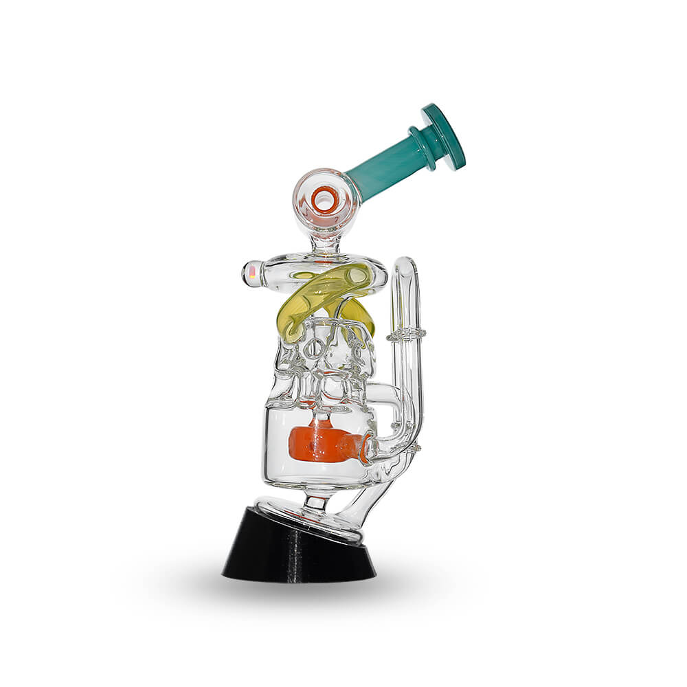 Calibear Glass Multi-Chamber Recycler Attachment for Puffco Peak OG & Pro in profile and front views.