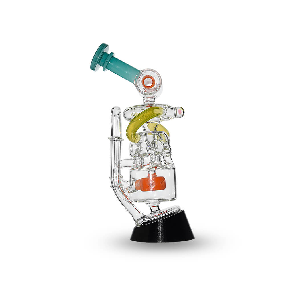 Calibear Glass Multi-Chamber Recycler Attachment for Puffco Peak OG & Pro in profile and front views.