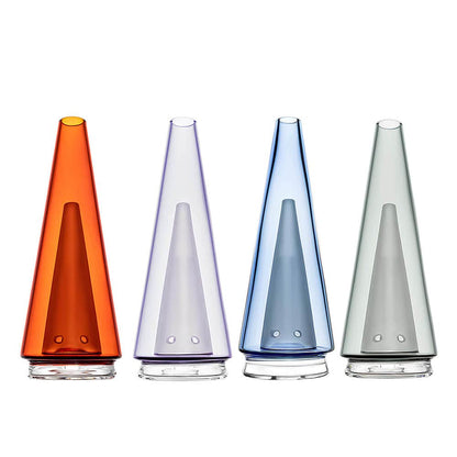 Calibear replacement glass attachments for Puffco Peak OG and Pro featuring various colored inner cones including black, pink, green, and blue.