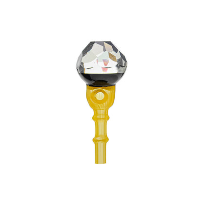 Four color variations of the Calibear Facet Opal Glass Joystick Carb Cap mounted on Puffco Peak Pro 3DXL metal chambers, showcasing diamond-cut multi-faceted clear glass tops with encased opals and colored glass stems in amber yellow, crimson red, ocean teal, and citrus green.