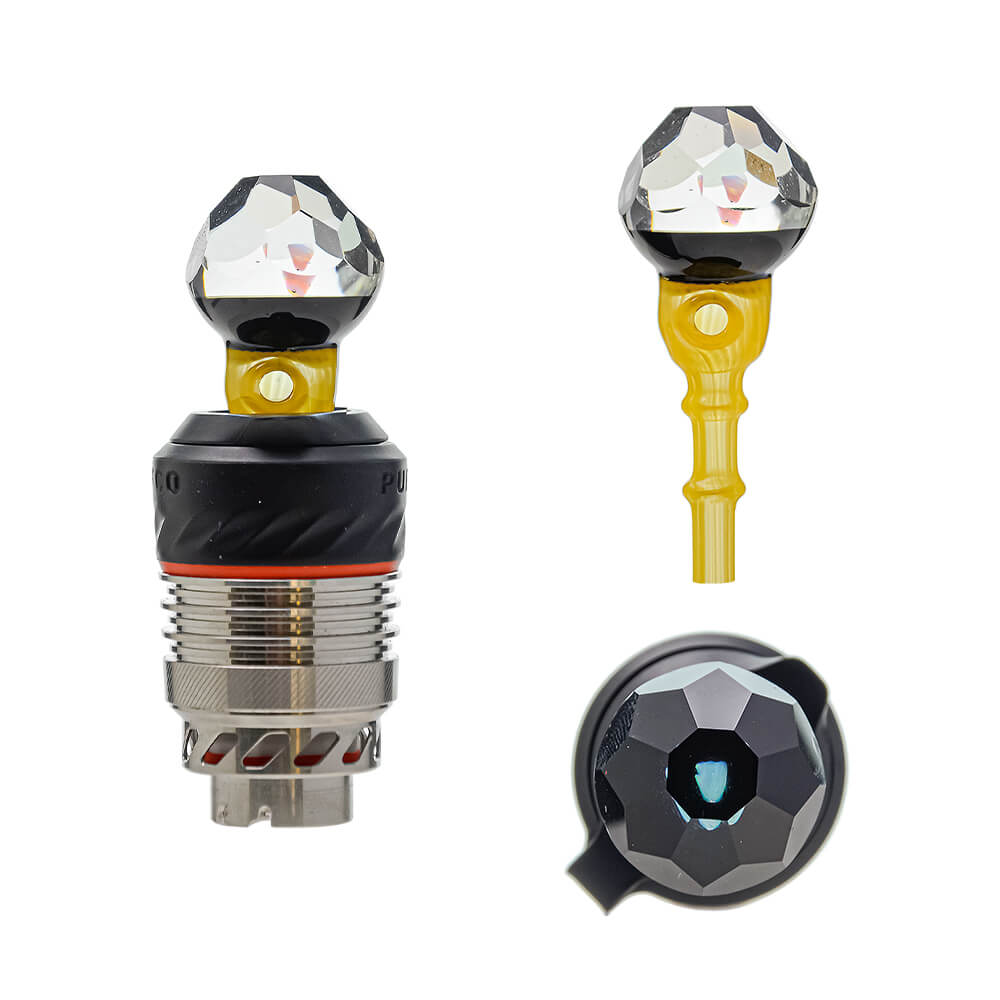 Four color variations of the Calibear Facet Opal Glass Joystick Carb Cap mounted on Puffco Peak Pro 3DXL metal chambers, showcasing diamond-cut multi-faceted clear glass tops with encased opals and colored glass stems in amber yellow, crimson red, ocean teal, and citrus green.