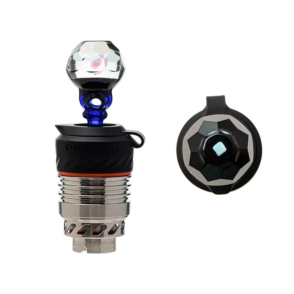 Four color variations of the Calibear Facet Opal Glass Joystick Carb Cap mounted on Puffco Peak Pro 3DXL metal chambers, showcasing diamond-cut multi-faceted clear glass tops with encased opals and colored glass stems in amber yellow, crimson red, ocean teal, and citrus green.