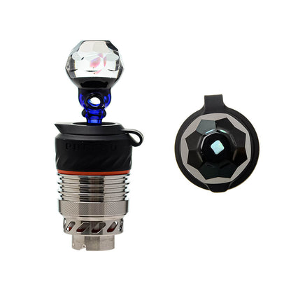 Four color variations of the Calibear Facet Opal Glass Joystick Carb Cap mounted on Puffco Peak Pro 3DXL metal chambers, showcasing diamond-cut multi-faceted clear glass tops with encased opals and colored glass stems in amber yellow, crimson red, ocean teal, and citrus green.