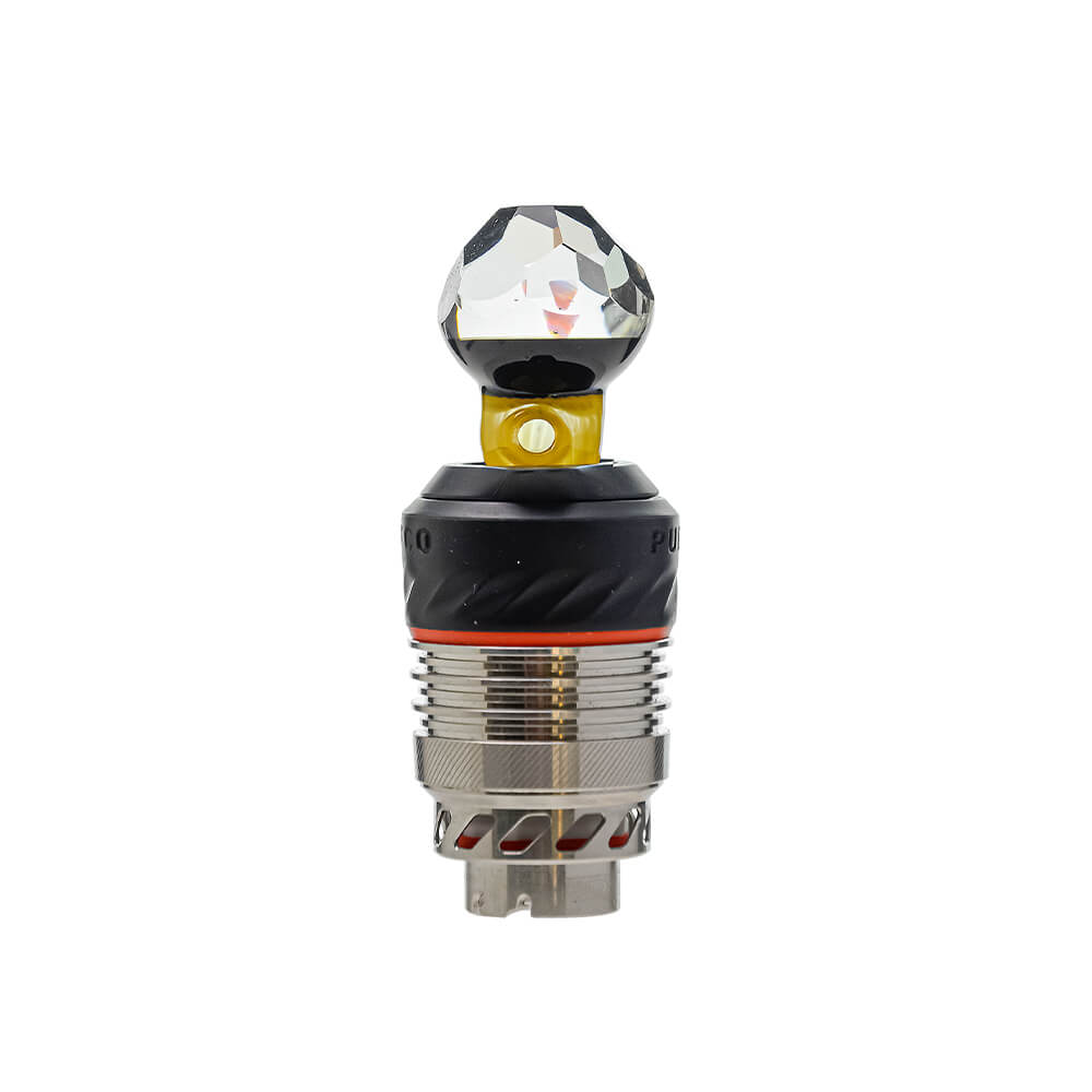 Four color variations of the Calibear Facet Opal Glass Joystick Carb Cap mounted on Puffco Peak Pro 3DXL metal chambers, showcasing diamond-cut multi-faceted clear glass tops with encased opals and colored glass stems in amber yellow, crimson red, ocean teal, and citrus green.