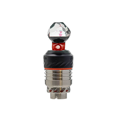 Four color variations of the Calibear Facet Opal Glass Joystick Carb Cap mounted on Puffco Peak Pro 3DXL metal chambers, showcasing diamond-cut multi-faceted clear glass tops with encased opals and colored glass stems in amber yellow, crimson red, ocean teal, and citrus green.
