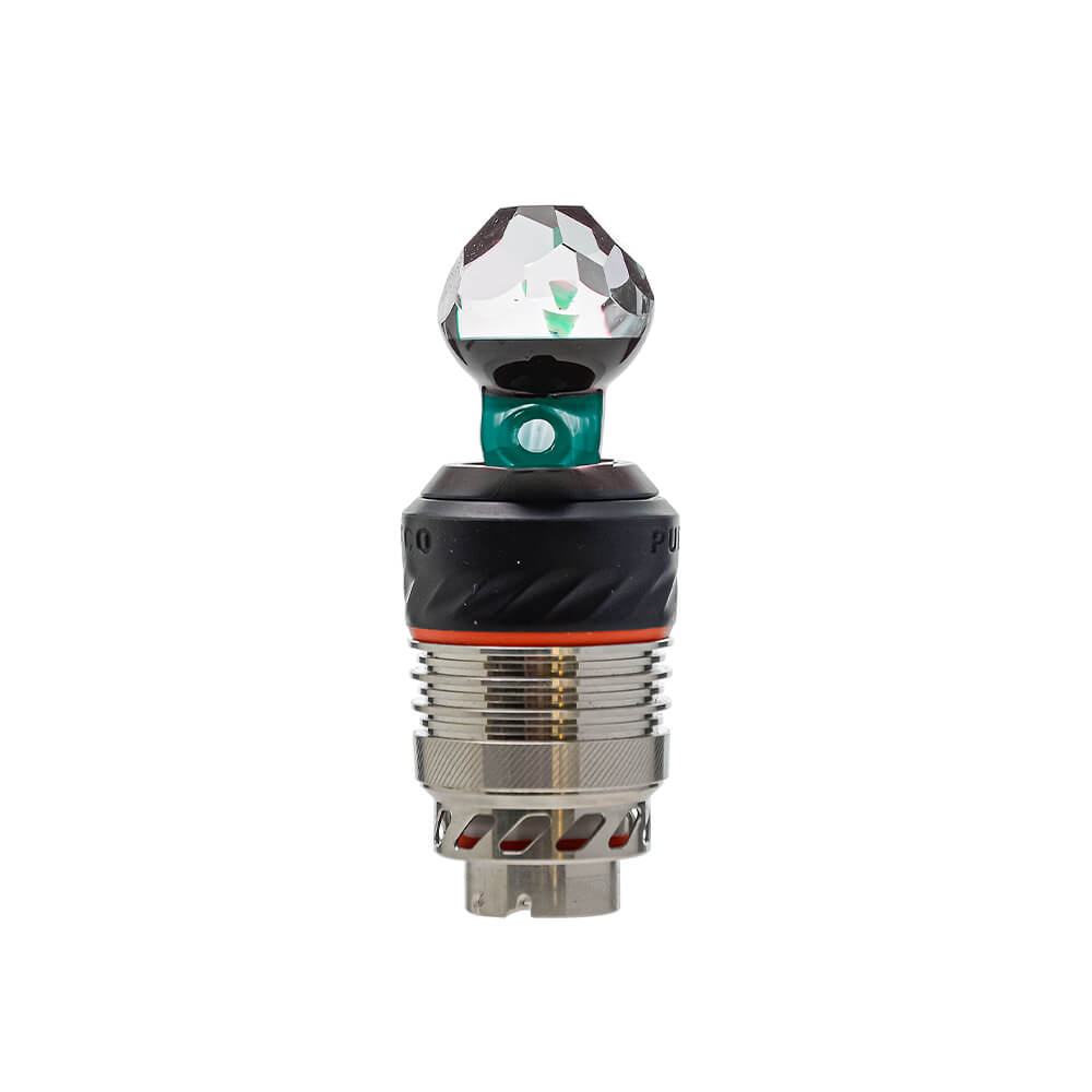 Four color variations of the Calibear Facet Opal Glass Joystick Carb Cap mounted on Puffco Peak Pro 3DXL metal chambers, showcasing diamond-cut multi-faceted clear glass tops with encased opals and colored glass stems in amber yellow, crimson red, ocean teal, and citrus green.