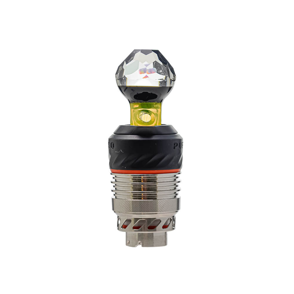 Four color variations of the Calibear Facet Opal Glass Joystick Carb Cap mounted on Puffco Peak Pro 3DXL metal chambers, showcasing diamond-cut multi-faceted clear glass tops with encased opals and colored glass stems in amber yellow, crimson red, ocean teal, and citrus green.