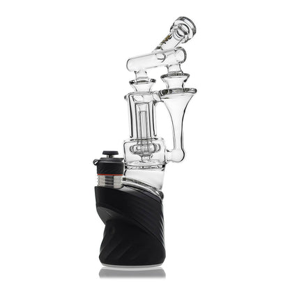 Calibear Premium DUO RBR Recycler clear glass attachment featuring a dual-drain external recycling system and angled neck, shown standalone and docked on a Puffco Peak Pro.