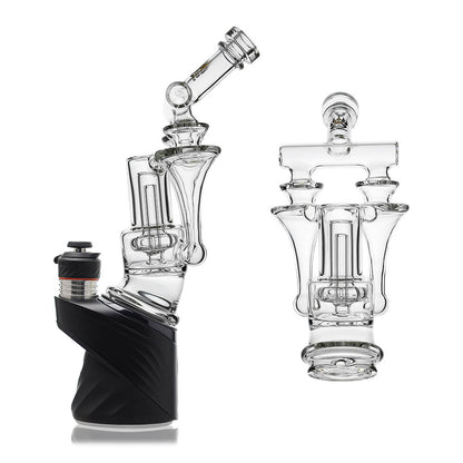 Calibear Premium DUO RBR Recycler clear glass attachment featuring a dual-drain external recycling system and angled neck, shown standalone and docked on a Puffco Peak Pro.