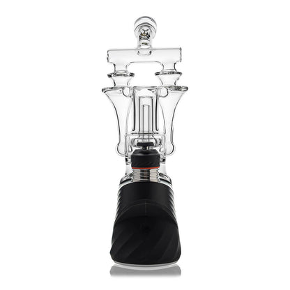 Calibear Premium DUO RBR Recycler clear glass attachment featuring a dual-drain external recycling system and angled neck, shown standalone and docked on a Puffco Peak Pro.