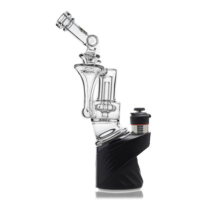 Calibear Premium DUO RBR Recycler clear glass attachment featuring a dual-drain external recycling system and angled neck, shown standalone and docked on a Puffco Peak Pro.