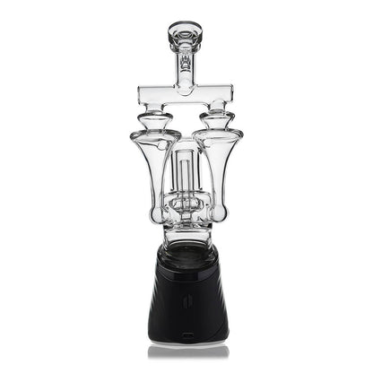Calibear Premium DUO RBR Recycler clear glass attachment featuring a dual-drain external recycling system and angled neck, shown standalone and docked on a Puffco Peak Pro.
