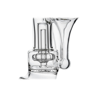 Calibear Premium DUO RBR Recycler clear glass attachment featuring a dual-drain external recycling system and angled neck, shown standalone and docked on a Puffco Peak Pro.