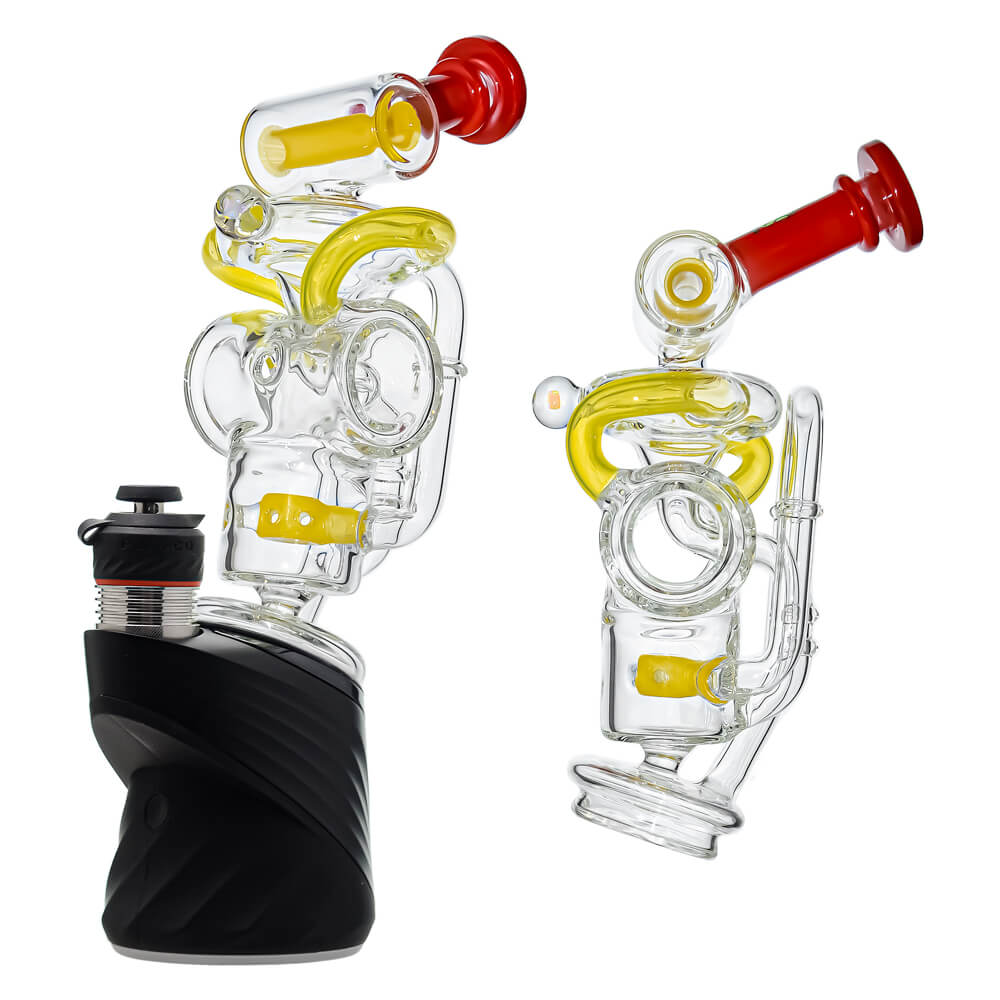 CaliBear Swiss Recycler glass attachment for Puffco Peak Pro with yellow and red accents and encased opal.