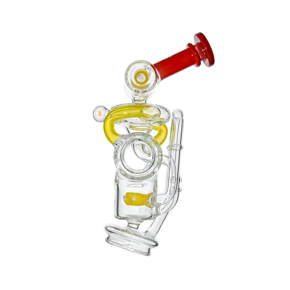 CaliBear Swiss Recycler glass attachment for Puffco Peak Pro with yellow and red accents and encased opal.