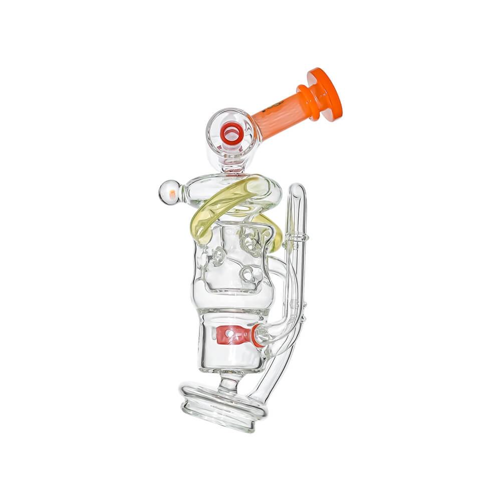 for Puffco Peak OG & Pro | CaliBear Premium Swiss Straight Fab Recycler glass attachment featuring an encased opal, complex recycling chambers, and color accents.