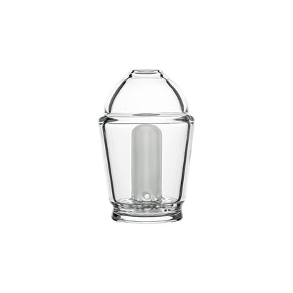 Calibear Premium Tubbler Bubbler clear glass attachment with a capsule dome shape and a frosted internal showerhead perc shown standalone and mounted on a black Puffco Peak Pro device.