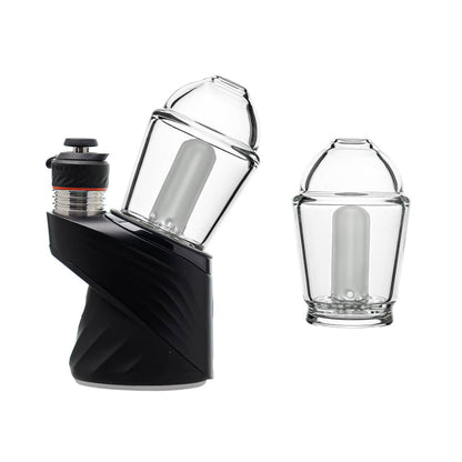 Calibear Premium Tubbler Bubbler clear glass attachment with a capsule dome shape and a frosted internal showerhead perc shown standalone and mounted on a black Puffco Peak Pro device.