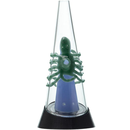 Four Calibear Decapod Puffco Peak replacement glass cones mounted on black e-rig bases, showcasing internal teal, yellow, red, and light-green hand-sculpted octopus figures wrap around the inner cone with a sparkling embedded opal eye.
