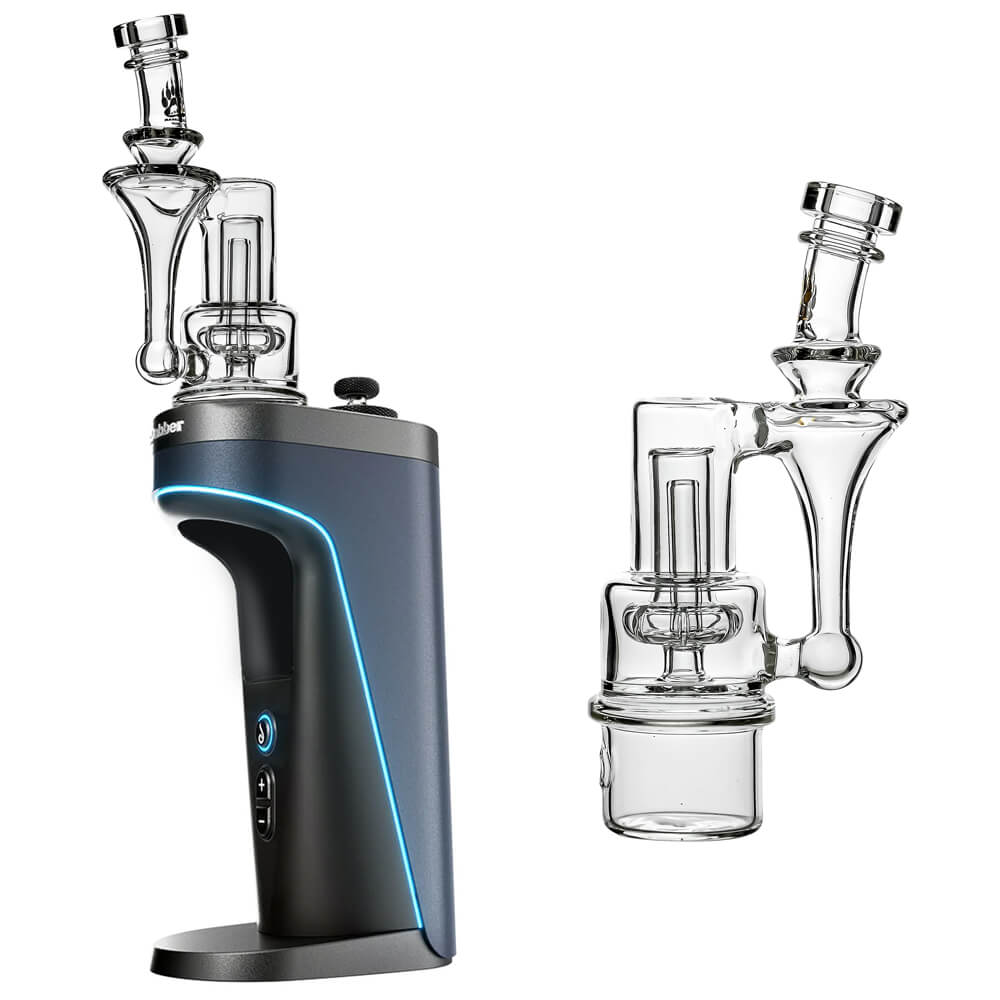 Calibear RBR Recycler Glass Attachment mounted on a Dr. Dabber Switch 2 device next to a standalone clear glass recycler attachment.