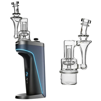 Calibear RBR Recycler Glass Attachment mounted on a Dr. Dabber Switch 2 device next to a standalone clear glass recycler attachment.