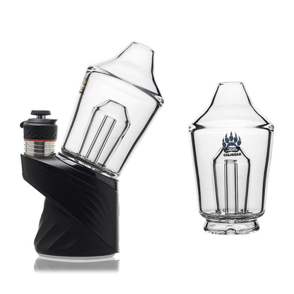 Calibear Glass Shaker Glass Attachment for Puffco Peak OG & Pro, shown attached to a black Peak device and standalone, featuring clear borosilicate glass and internal shaker design.