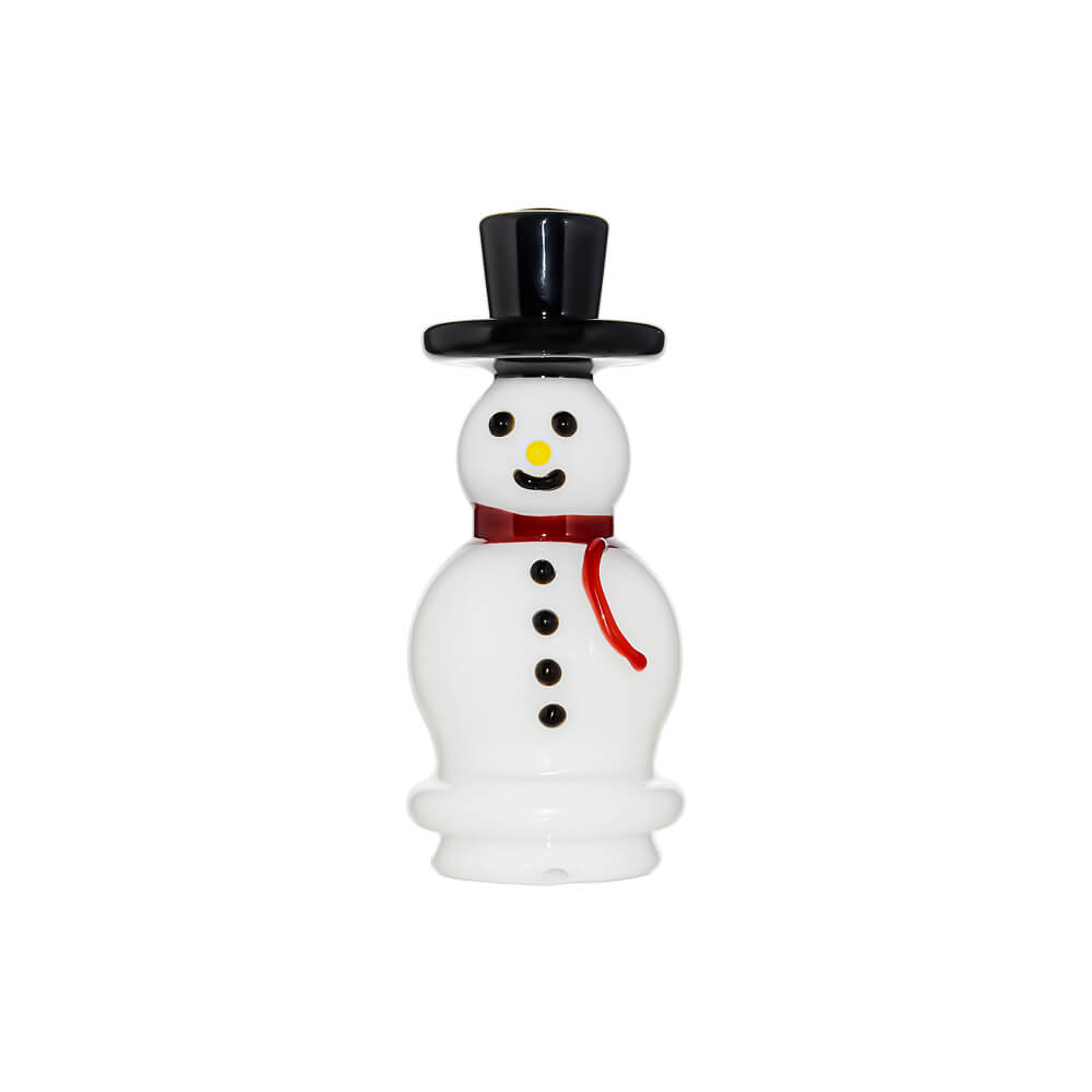 Calibear Snowman glass top attachment with black top hat and red scarf shown on a Puffco Peak device and standalone.